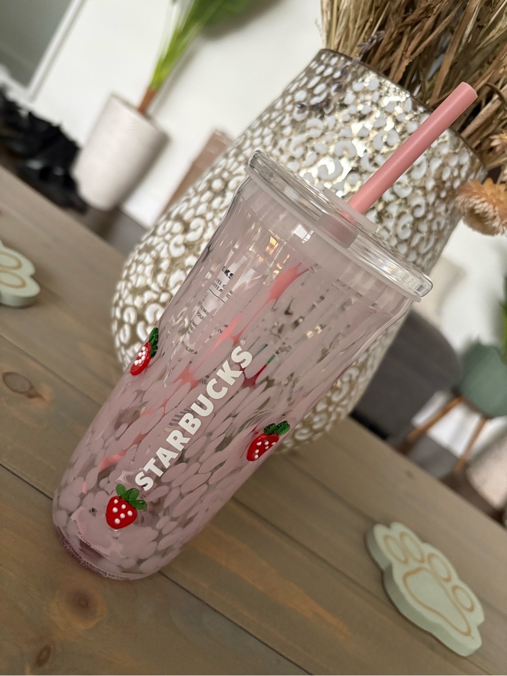 Starbucks Pink Strawberry Pattern Reusable Cup with Straw